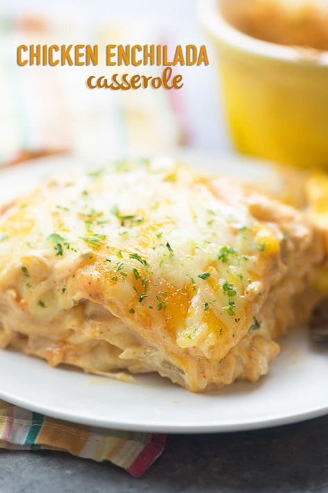 Chicken Enchilada Casserole - creamy cheesy enchilada perfection! Chicken Enchiladas Without Tortillas, Green Chicken Enchilada Casserole Flour Tortillas, Green Chili Chicken Enchilada Casserole With Cream Cheese, Chicken Enchiladas Without Sour Cream, Layered Chicken Enchiladas, Chicken Flour Tortilla Casserole, Chicken Enchilada Casserole With Flour Tortillas, Chicken Enchilada Casserole Flour Tortillas, Sour Cream Chicken Enchilada Casserole