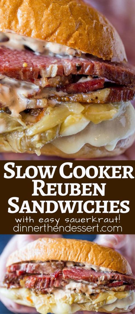 Slow Cooker Reuben Sandwiches are perfect for leftover corned beef after your St. Patrick's Day dinner with a quick sauerkraut, Swiss cheese and thousand island dressing. Quick Sauerkraut, Corned Beef Recipes Slow Cooker, Reuben Sandwiches, Corned Beef Sandwich, Dinner Then Dessert, Corned Beef Brisket, Corned Beef Recipes, Thousand Island, Reuben Sandwich