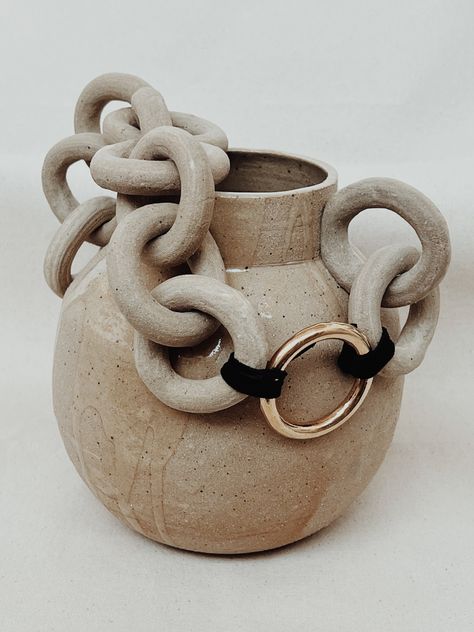 ceramic case with attached chain and brass accents Throwing Pottery, California Home Decor, Neutral Bohemian, Wooden Kitchen Utensils, Global Home, Woven Bags, Clay Vase, Vase Shapes, Pottery Crafts