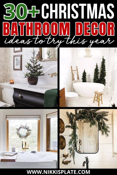 30 CHRISTMAS BATHROOM DECOR IDEAS TO TRY THIS SEASON - Get into the festive spirit with these Christmas bathroom decor ideas! Discover unique and budget-friendly tips to transform your bathroom into a winter wonderland, bringing all the Christmas cheer right into your home! Guest Bathroom Ideas Towels, Neutral Christmas Bathroom Decor, Christmas Restroom Decor Ideas, Holiday Bathroom Decor Christmas, Christmas Bathroom Decor Modern, Bathroom Xmas Decor Ideas, Bathrooms Decorated For Christmas, Master Bath Christmas Decor, Christmas Bathroom Decorating Ideas