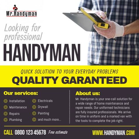 Handyman Advertising, Electrician Flyer, Handyman Quotes, Handyman Flyer, Good Work Quotes, Handyman Business, Business Card Logo Design, Property Maintenance, Invert Colors