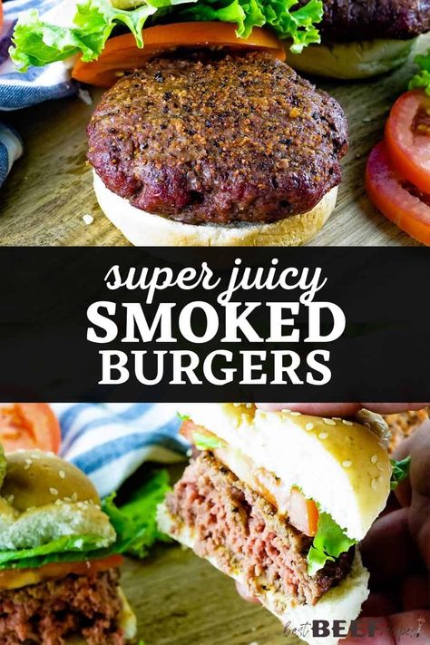 Smoked Burgers are the best! Smoking burgers results in burgers that are super juicy, with a crispy char and so much flavor. via @bestbeefrecipes Smoked Hamburgers, Bbq Hamburgers, Easy Smoker Recipes, Smoked Dishes, Pellet Smoker Recipes, Smoked Burgers, Juicy Hamburgers, Best Beef Recipes, Bbq Burgers