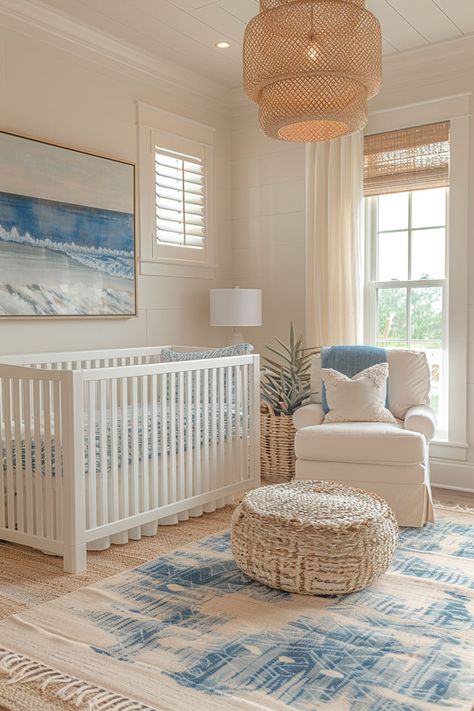 nursery decor, nursery ideas, nursery design, beach-themed nursery, ocean-themed nursery, coastal nursery Coastal Boy Nursery, Beachy Nursery, Organization Kids Room, Ocean Baby Rooms, Sea Nursery Theme, Coastal Nursery, Ocean Themed Nursery, Urban Homes, Baby Nursery Inspiration