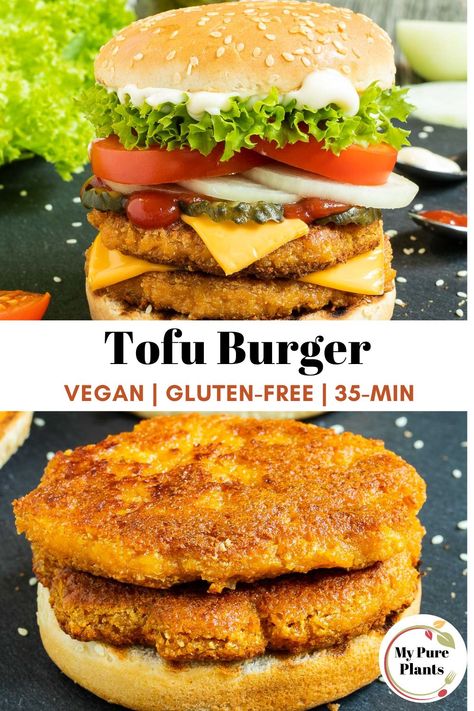 Resep Vegan, Tofu Recipes Healthy, Vegan Burger Recipe, Tofu Burger, Tofu Recipes Vegan, Tofu Dishes, Vegan Main Dishes, Vegan Burgers, Burger Bar