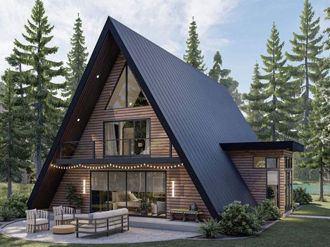 050H-0465: Two-Story A-Frame House Plan; 2007 sf Metal Frame House Plans, Modern A Frame Cabin, A Frame Cabin Plans, A Frame Cabins, A Frame House Plans, Frame Cabin, Casas The Sims 4, Cabin House Plans, Cedar Siding