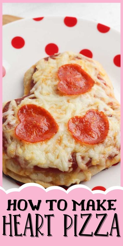 This easy homemade heart pizza recipe makes the best Valentine's Day dinner for your family! Whether you're celebrating at home or need party food ideas, these mini appetizers with heart pepperoni are a great choice. They're a super simple kid-friendly DIY recipe perfect for any celebration with your children. Valentine Pizza, Valentines Food Dinner, Valentines Party Food, Simple Pizza, Heart Shaped Cookie, Shaped Pizza, Heart Pizza, Shaped Food, Valentines Snacks