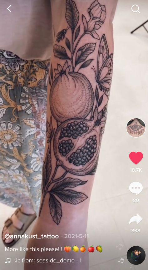 Traditional Tattoo Black And White, Pomegranate Tattoo, Skull Tattoo Flowers, Tattoo Catalog, Fruit Tattoo, Branch Tattoo, Blackout Tattoo, Forarm Tattoos, Sternum Tattoo