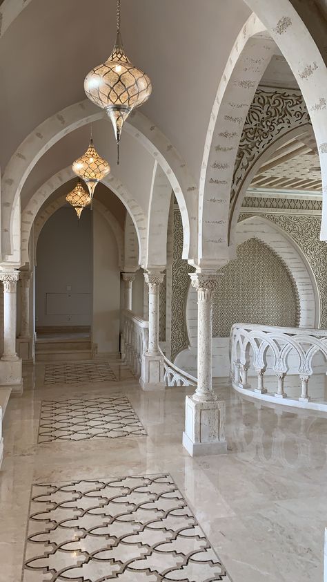 Designed externally and internally by the architect, and interior designer Mohamed Nassif. Inspired by Moroccan design with a modern twist. #homedecor #design #interiordesign #moroccandecor #moroccanstyle #morrocandesign #decor #mansions #islamicart #islamicarchitecture #islamicdesign #architecture #designideas #columns #arches Arabic Home Interior, Pakistan Interior Design, Arabesque Interior Design, Ancient Interior Design, Arab Interior Design, Modern Moroccan Architecture, Moroccan Interiors Modern, Modern Moroccan House, Moroccan Mansion