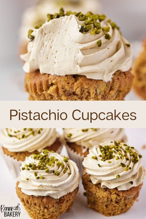 These pistachio cupcakes are bursting with pistachio flavor. Made from scratch with real pistachios, they have a super soft and fluffy sponge with chopped pistachios, topped with a pistachio italian meringue buttercream. Easy cupcake recipe for an authentic italian dessert flavor. #baking #bakingrecipe #foodphotography #foodphoto #italianmeringuebuttercream #pistachiobuttercream #cupcakerecipe #pistachiocupcakes #italianpistachiocake #pistachiopaste #pistachiobutter #nutbutter #bakingwithnuts Pistachio Swiss Meringue Buttercream, Beautiful Baked Goods, Pistachio Brownies, Pistachio Buttercream, Easy Cupcake Recipe, Orange Pistachio, Pistachio Cupcakes, Pistachio Dessert, Italian Meringue Buttercream