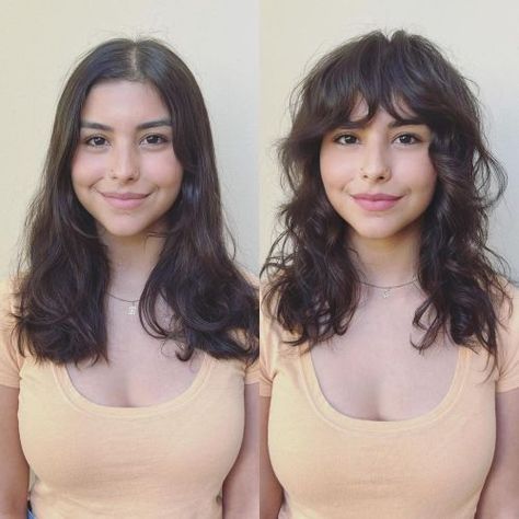 Medium Curly Hair Round Face Bangs Shag Hairstyle Round Face, Haircuts Fine Wavy Hair, Razor Haircut Medium, Shag Haircut Round Face, Curly Emo Hair, Wispy Bangs Wavy Hair, Wolf Cut Round Face, Wispy Bangs Curly Hair, Round Face Curly Hair