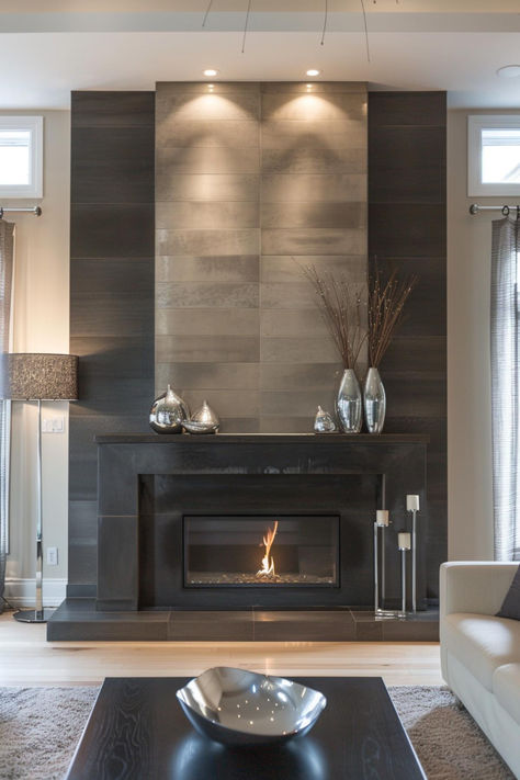 40 Modern Mantel Decor Ideas To Elevate Your Fireplace with Style Fireplace With Metal Surround, Fireplace Bar Ideas, Dark Fireplaces, Modern Mantel Decor, Modern Fireplace Decor, Fireplace Renovation, Fireplace Makeovers, Fireplace Modern Design, Fireplace Accent Walls