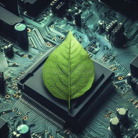 Green leaf over circuit board, technology and sustainability concept. ai generative royalty free stock image Green Technology Aesthetic, People Mural, Project Aesthetic, Nature And Technology, Visual Metaphor, Green Tech, Tech Art, Green Technology, Nature Images