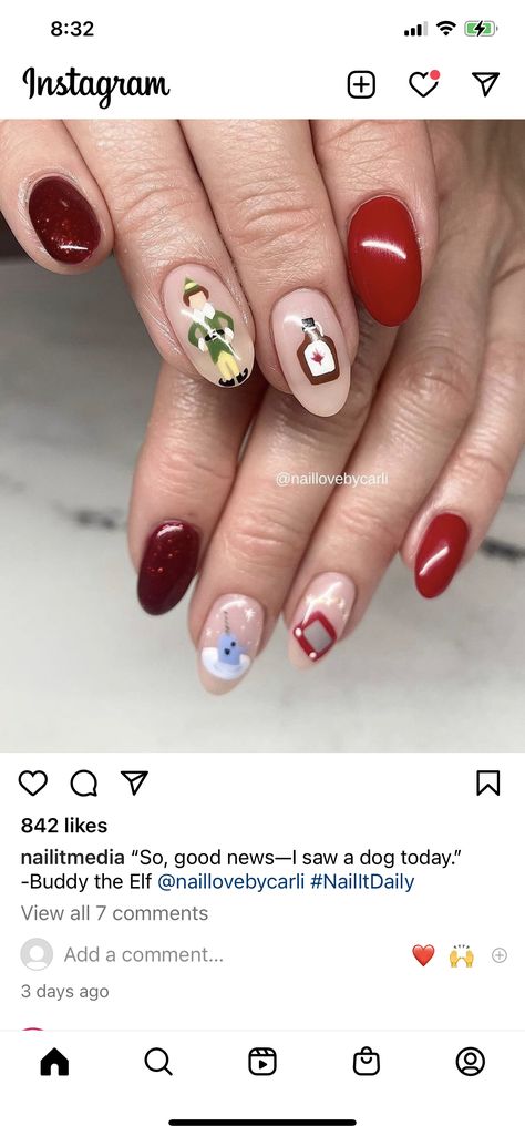 Christmas Movie Nail Art, Elf Movie Nails, Buddy The Elf Tattoo, Elf Nails Christmas, Buddy The Elf Nails, Elf Nails Designs, Elf Christmas Nails, Elf Nail Art, Christmas Character Nails