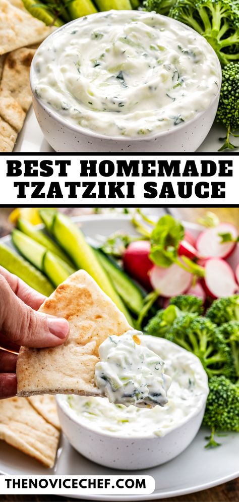 Taziki's Mediterranean Salad, Easy Greek Recipes Appetizers, Homemade Greek Food, Taziki Sauce Recipe, Authentic Tzatziki Sauce Recipe, Taziki Sauce, Greek Salsa, Easy Tzatziki Sauce, Tzatziki Sauce Recipe Easy