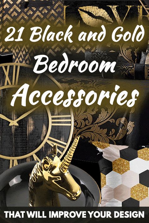 Black and Gold Bedroom: 21 Must-Have Accessories for a Luxurious Design Black And Gold Glam Bedroom, Black White Gold Bedding Comforter Sets, Black White Gray Gold Bedroom, Black And Gold Guest Bedroom, Black And Gold Themed Bedroom, Black And Gold Bedroom Design, Black And Gold Bedroom Ideas For Women, Black And Gold Headboard Bedroom, Black Grey And Gold Bathroom