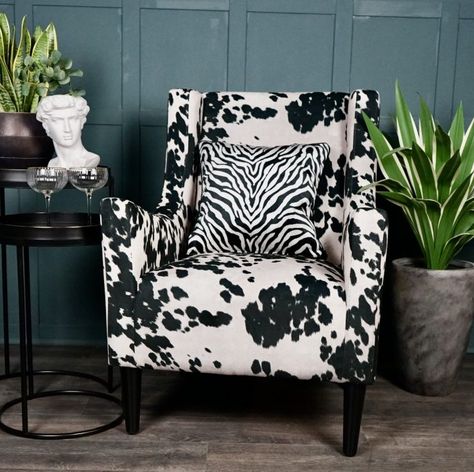 Margo and Plum - Statement Decorative Homeware - Timeless Furniture Black And Grey Sofa, Cow Print Chair, Printed Accent Chairs, Armchairs Uk, Print Armchair, Patterned Armchair, Black And White Living Room, Animal Hide, Timeless Furniture