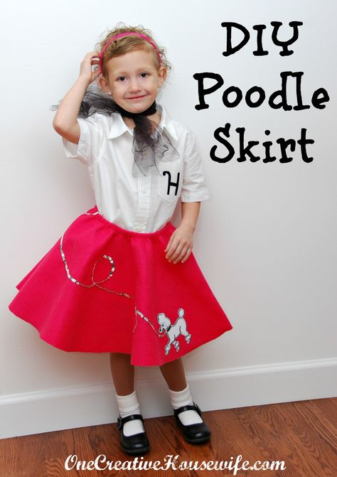 This past Friday was the 50th day of school at my daughter's school, and what better way to celebrate then having 50s Day! My daughter wa... Dress Like 50's Kids, Poodle Skirt Applique Pattern, 50s Costume Ideas, 50s Outfit Ideas, 50s Dress Up Day, Costume Ideas Homemade, Kids Poodle Skirt, 50s Dress Up, Sock Hop Outfits