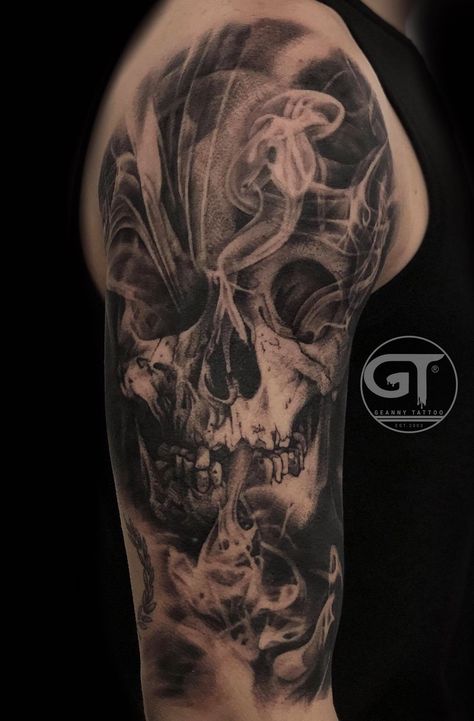 Skull Cloud Tattoo, Skull Shoulder Tattoo Men, Skull Forearm Tattoo Men, Skull Shoulder Tattoo, Demon Tattoos, Husband Tattoo, Soldier Tattoo, Skull Rose Tattoos, Skull Hand Tattoo