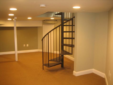 Spiral stairs to finished basement | Flickr - Photo Sharing! Diy Stairs Makeover, Basement Staircase, Stair Design Architecture, Spiral Stairs Design, Stairs In Kitchen, Wrought Iron Stair Railing, Circular Stairs, Stair Makeover, Tiny House Stairs