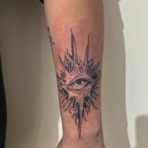 Eye Elbow Tattoo Men, Historic Tattoo Ideas, Unicursal Hexagram Tattoo, Star Eye Tattoo, Eye Forearm Tattoo, Eye Hand Tattoo, Small Mens Tattoos, Fill In Tattoo Ideas, Ojo Tattoo