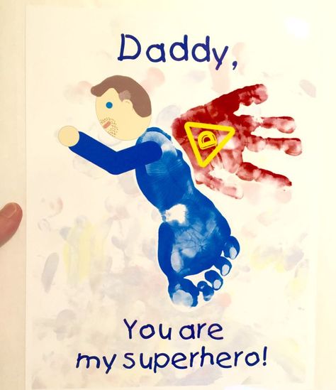 Father's Day Card, handprint superhero! My toddler son's footprint, handprint and other artwork scanned in, then pieced together in Photoshop with daddy's face. "You are my superhero!" Hand Print Art, You Are My Superhero, Kids Fathers Day Crafts, Gift Ideas For Dads, Diy Father's Day Crafts, Dad Crafts, Fathers Day Art, Baby Art Projects, Footprint Crafts