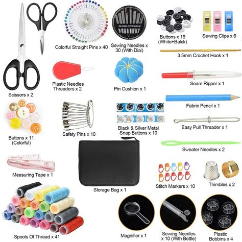 FeaturesMultifunctional Sewing Kit:Our 206Pcs sewing kit includes Colorful ThreadsScissorsThimbleButtonsNeedle ThreadersSeam RipperSewing PinsSafety PinsDifferent Size Sewing NeedlesMeasuring Tape and moreproviding you much convenience when needed.Portable Storage Bag:Come with a storage bag with handle strap for your sewing kiteasy to organize the accessories orderly and convenient to carry. A perfect kit for beginnersuse at hometravel and in emergency occasions.Widely Used:It is like a small sewing machine that is great for missing buttonsripped seamsfixing a very special shirtquick hem makingart sewing at home and more.Exercise Your Hand Sewing Ability:Use it to repair your pets favorite clothes or your kids stuffed toys or to teach your kids to do some beautiful handmade to increase th Sewing Starter Kit, Sewing Kit Essentials, Tailoring Tools, Sewing Kit Diy, Sewing Kit Gift, Small Sewing Kit, Sewing Kits Diy, Portable Sewing Kit, Basic Sewing Kit