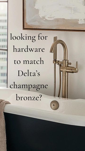 Erin | custom home build tips | on Instagram: "This wildly popular finish is also notoriously hard to match, but not to worry, I’ve vetted these options for you 😉 are you a fan of champagne bronze? #champagnebronze #plumbingfixtures #bathroomdesigns #bathroomsofinstagram #neutralhome #neutralhomedecor #mixedmetals #transitionaldesign #customhomes #customhomes #building101 #homeswithpurpose #modernfarmhouse #modernfarmhousestyle #howihome #simplehomestyle #faucet #cabinethardware #cljsquad #desi Delta Brushed Bronze, Champange Bronze Hardware, Champagne Bronze Bathroom Faucet, Bathrooms With Champagne Bronze Fixtures, Delta Chamberlain Faucet, Brushed Champagne Bathroom Fixtures, Champagne Bronze And Black Bathroom, Champagne Faucet Bathroom, Delta Bathroom Faucets Champagne Bronze