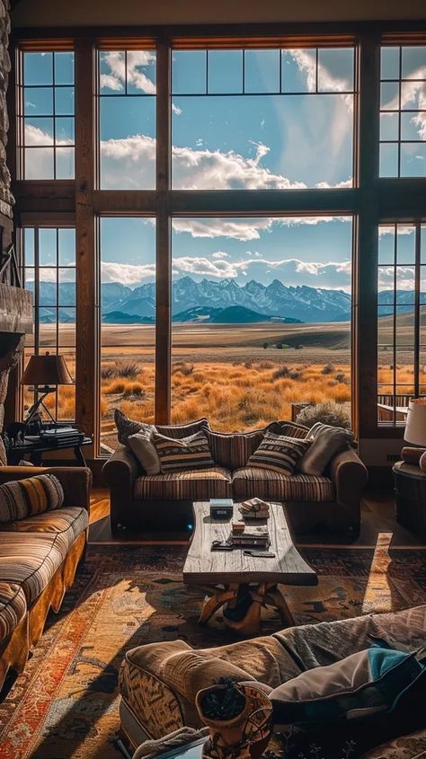 The image shows a living room with a large window. The window looks out onto a field with mountains in the distance ->> more details in ai-img-gen.com