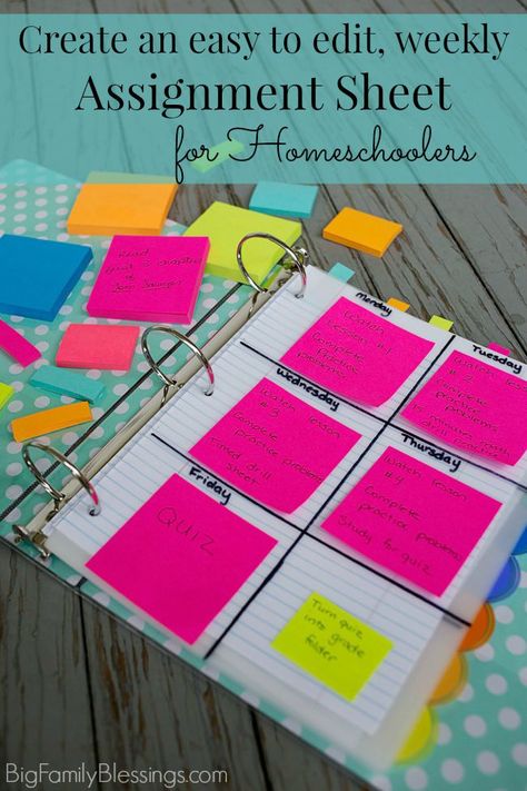 Create an easy to edit weekly assignment sheet for Homeschoolers. What a great idea to place the week's assignments separately for each subject ON the divider for the subject using Post-it® Notes!﻿- Big Family Blessings School Doodle, Escuela Diy, Studie Hacks, Planning School, Assignment Sheet, School Organisation, Back To School Organization, Diy Back To School, Homeschool Planning