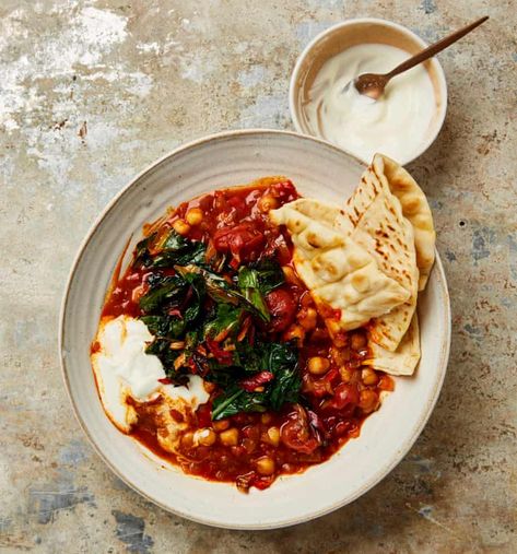 Meera Sodha’s vegan recipe for rose harissa chickpea stew with burnt chard | The new vegan | Food | The Guardian Writing Recipes, Meera Sodha, Rose Harissa, Rainbow Chard, Chickpea Stew, Cook Books, Vegetable Stew, Vegetable Puree, Fried Onions