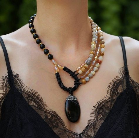 Statement Necklace Black Dress, Large Beaded Necklaces, Chunky Stone Necklace, Big Pendant Necklace, Black Onyx Crystal, Bold Bohemian, Statement Jewelry Necklace, Bright Necklace, Large Bead Necklace