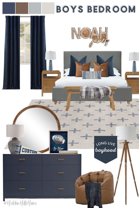 Masculine teen boys bedroom decor mood board with navy blue tones! Boys room decor ideas Masculine Bedroom Mood Board, Navy Toddler Boy Room, Navy Teen Boy Bedroom, Blue Room Ideas For Boys, Navy Kids Bedroom, Navy Blue Toddler Boy Room, Boys Gray Bedroom Ideas, Blue Boys Room Ideas, Kids Bedroom Ideas For Boys Toddler