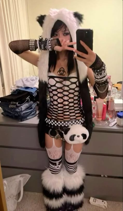 Panda Rave Outfit, Goth And Emo Outfits, Rave Fits Black, Rave Escape Outfits, Mesh Bra Outfit, Emo Rave Fit, Outfits With Fishnet Top, Panda Inspired Outfit, Non Revealing Rave Outfits