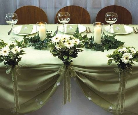 About Wedding Table Linens...different flowers though. Bouquet Display, Head Table Decor, Diy Wedding Table, Wedding Reception Table Decorations, Bouquet Holder, Reception Table Decorations, Wedding Table Linens, Wedding Reception Flowers, Bridal Table