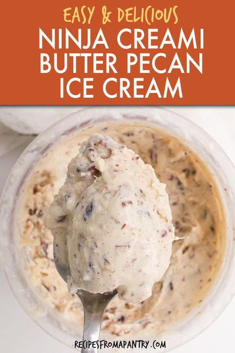 Recreate the ice cream shop classic with this Ninja Creami Butter Pecan Ice Cream recipe. All you need is 6 simple ingredients to whip up this delectable ice cream swirled with tasty buttered pecans. And the best part is it's ready to serve in just minutes, thanks to the Ninja Creami Machine! Click through to get this awesome Ninja Creami Butter Pecan Ice Cream Recipe!! #ninjacreamirecipes #ninjacreamiicecreammakerrecipes #homemadebutterpecan Ninja Creami Recipes Df, Ninja Creami Ice Cream Recipes Baileys, Ninja Creami Ice Cream Recipes Christmas, Cinnamon Ninja Creami, Cremini Ice Cream Recipes, Pumpkin Pie Ice Cream Ninja Creami, Pina Colada Ninja Creami, Ninja Creami Yogurt Recipes, Vanilla Ninja Creami Ice Cream Recipes