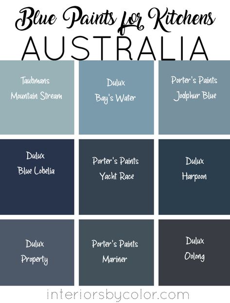 Blue Kitchen Cabinets Australia - Paint Colours You'll Love Dusky Blue Kitchen Cabinets, Porter Paint Colors, Navy Kitchen Cabinets, Kitchen Cupboard Colours, Navy Blue Paint Colors, Blue Cupboards, Cupboard Colors, Grey Blue Kitchen, Hamptons Kitchen