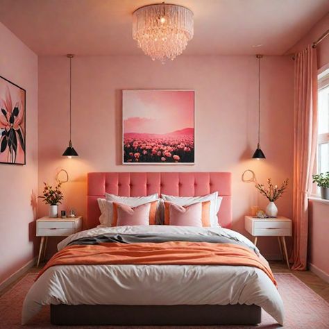 Pink Headboard Bedroom Ideas, Pink Orange Bedroom, Desert Bedroom, Peach Curtains, Pink Headboard, 2024 Bedroom, Colorful Headboard, Bedroom Aesthetics, Pink Desert