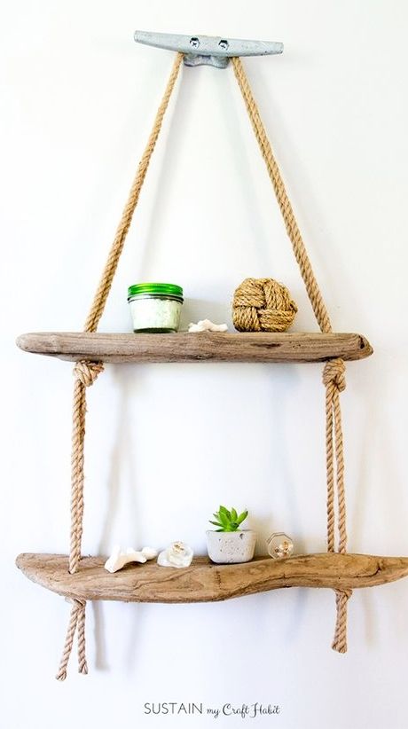 Hanging rope shelves with a nautical vibe featured on Completely Coastal. And this particular hanging rope shelf is ultra coastal with driftwood shelves and cleat hardware for hanging. Wooden Shelf, Decorate Your Room, Wooden Shelves, Pdf Sewing Patterns, Macrame Plant Hanger, Plant Hanger, Flower Power, Ornament Decor, Sewing Pattern