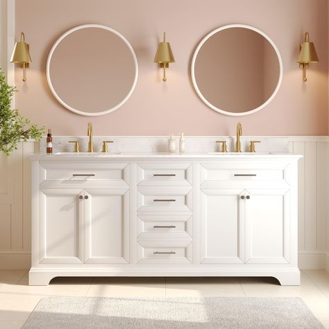 PRICES MAY VARY. Premium Construction: This bathroom vanity with dual sinks is mainly made of high quality MDF and boxwood. The included backsplash with a height of 3.9'' creates a barrier between the vanity and the wall, providing effective protection against stains and shocks. Size: 72''L x 22.01''W x 33.9''H, suitable for any bathroom. Multifunctional Storage Space: Our bathroom vanity offers spacious storage space, combining drawers and cabinets for easy organization. The tilt-down top drawe Soft Pink Bathroom Ideas, Bathroom Cabinet Sink, Modern Wood Bathroom, 72” Bathroom Vanity, Wood Bathroom Cabinet, Backsplash White, Bathroom Vanity Drawers, Wood Bathroom Cabinets, Girly Bathroom