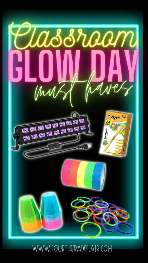 Glow Day is the BEST school day ever! When combined with test prep, or end of the unit assessment, or any content area - Glow Day is an engaging and fun way to get kids practicing ANY content - math, reading, writing, and more! Let me show you some Amazon products that are tried and true favorites in my elementary classroom. As an Amazon Affiliate, if you click my link and make a purchase I earn a small commission at no cost to you. :) Glow Day Classroom, Teacher Career, Glow Day, Glow In Dark Party, End Of Year Party, Classroom Transformation, Doodle Pages, 4th Grade Classroom, Day Glow