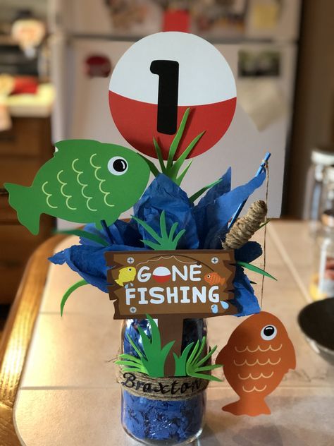 Party Fishing Boat, Fishing Birthday Centerpieces, Gone Fishing Baby Shower Theme, Officially One Birthday Party, Ofishally One Birthday Decorations, First Birthday Fishing Theme, Fishing First Birthday Party, The Big One Fishing Birthday, Ofishally One Birthday