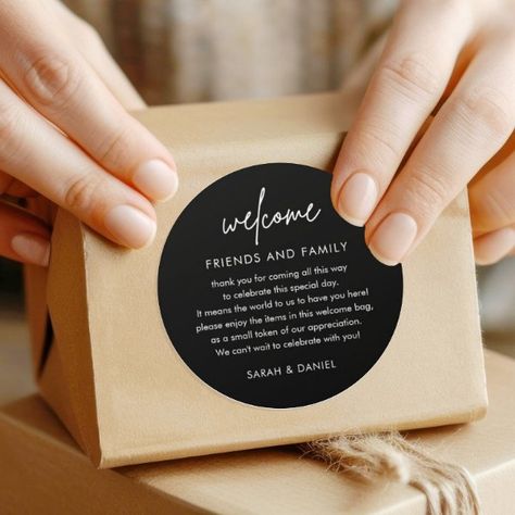 Minimalist Black Wedding Welcome Box Classic Round Sticker Minimalist Black Wedding, Wedding Welcome Gifts, Wedding Stickers Labels, Sweet Rain, Packaging Stickers, Wedding Favor Bags, Wedding Favor Boxes, Welcome Bags, Wedding Stickers