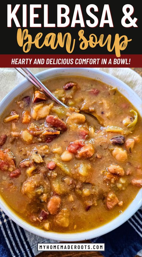 Warm up with this hearty Kielbasa and 15-Bean Soup! Packed with rich flavors from smoked sausage, tender beans, and a medley of savory spices, this comforting soup is perfect for cozy dinners. Easy to make and full of wholesome ingredients, it’s a family favorite that’s sure to satisfy. #KielbasaSoup #BeanSoup #ComfortFood #HeartyMeals #HomemadeSoup #WinterRecipes #HomesteadCooking Easy Sausage Soup Recipes, German Bean Soup, Cozy Soup Recipes, Smoked Kielbasa, Canning Soup Recipes, Kielbasa Soup, Indulgent Recipes, Homesteading Life, Cozy Dinners