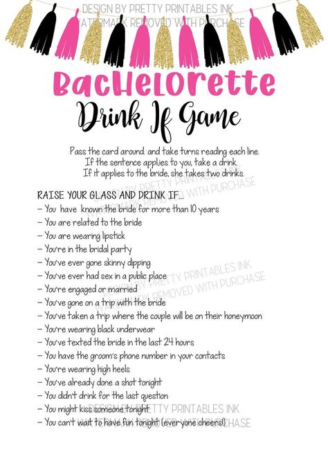 Bachelorette drink if game featuring a black, pink and gold tassel garland along the top. 3 Person Bachelorette Party, Drink If Game Bachelorette, Hilarious Bachelorette Games, Spicy Bachelorette Questions, Bachlorette Party Activities Fun, Batcholorette Games, Black And Pink Bachelorette Party, Drinks For Bachelorette Party, Bachorlette Party Ideas