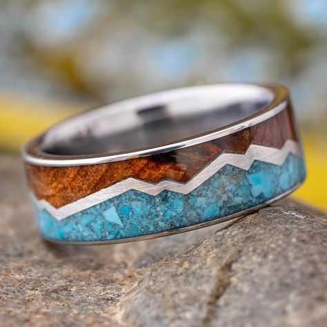 Turquoise Ring With Redwood and Silver Zig Zag in Titanium Nature Wedding Ring, Ring Armor, Turquoise Wedding Band, Beautiful Blue Sky, Mountain Ring, Engraved Wedding Rings, Turquoise Wedding, Redwood Forest, Titanium Wedding Band