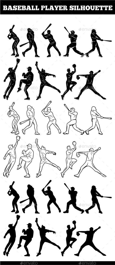 Baseball Player Silhouettes - Sports/Activity Conceptual Baseball Drawings, Baseball Tattoos, Baseball Videos, Baseball Crafts, High School Baseball, Baseball Birthday Party, Baseball Training, Basketball Hoops, Baseball Birthday