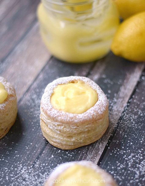 Lemon Curd Tarts - Puff Pastry Shells filled with Homemade Lemon Curd create the perfect dessert. Lemon Pastries, Lemon Curd Tarts, Curd Tarts, Puff Pastry Shells, Lemon Curd Tart, Pastries Desserts, Homemade Lemon Curd, Pepperidge Farm Puff Pastry, Puff Pastry Desserts