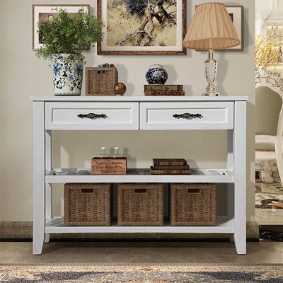 This buffet table features a solid wood frame and MDF, with a sturdy and stable structure to ensure long-term durability. | Lark Manor Console Sofa Table w/ 2 Storage Drawers & 2 Tiers Shelves | C111365478 | Wayfair Canada Console Table Entryway, Antique Console Table, Console Sofa Table, Console Table With Drawers, Wood Buffet, Mid Century Sideboard, Wooden Sideboard, Console Sofa, Sofa End Tables