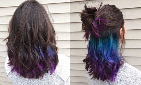 Brown Hair With Multicolor Highlights, Mermaid Hair Color Peekaboo Brunette, Inverted Hair Color, Brown To Purple Balayage Straight Hair, Color On Ends Of Hair, Dark Brown Hair With Colorful Highlights, Dark Hair Peekaboo Color, Oil Slick Hair Color Brunettes, Peekaboo Highlights For Brown Hair