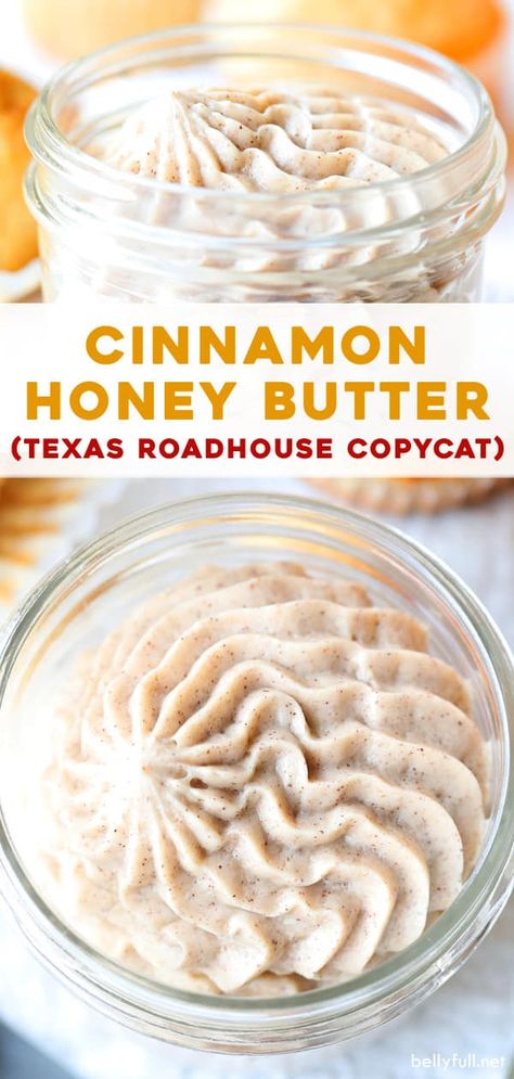 This 4 ingredient Cinnamon Butter recipe is a Texas Roadhouse copycat and so easy to make at home! Salted butter is whipped with honey, powdered sugar, and cinnamon and so amazing on everything from pancakes, to banana bread, to dinner rolls, to sweet potatoes. Best spread ever! Cinnamon Butter Recipe, Flavored Butter Recipes, Butter Recipes Homemade, Honey Butter Recipe, Cinnamon Honey Butter, Cinnamon Honey, Flavored Butter, Cinnamon Butter, Texas Roadhouse